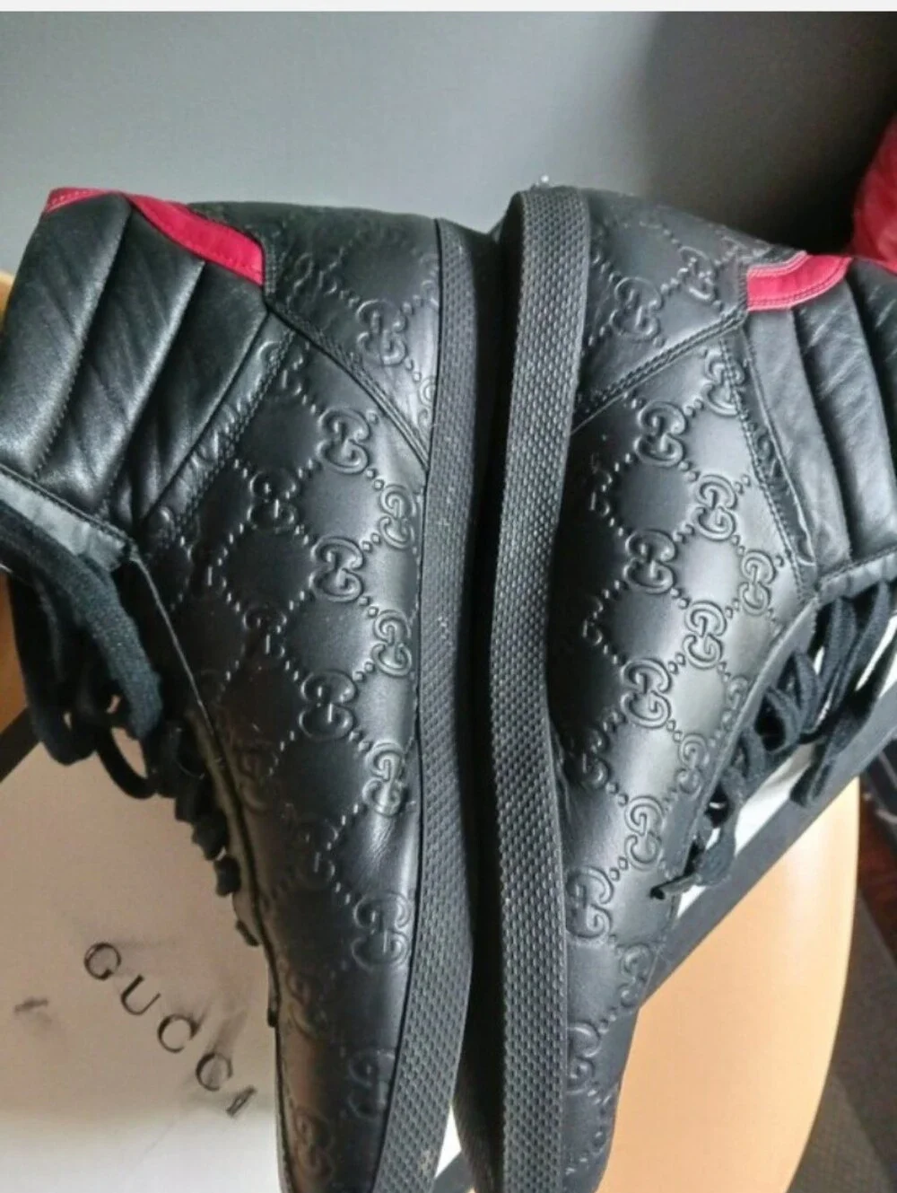 Gucci GG Black Leather High-Top Sneakers with Red Accent, Size 7